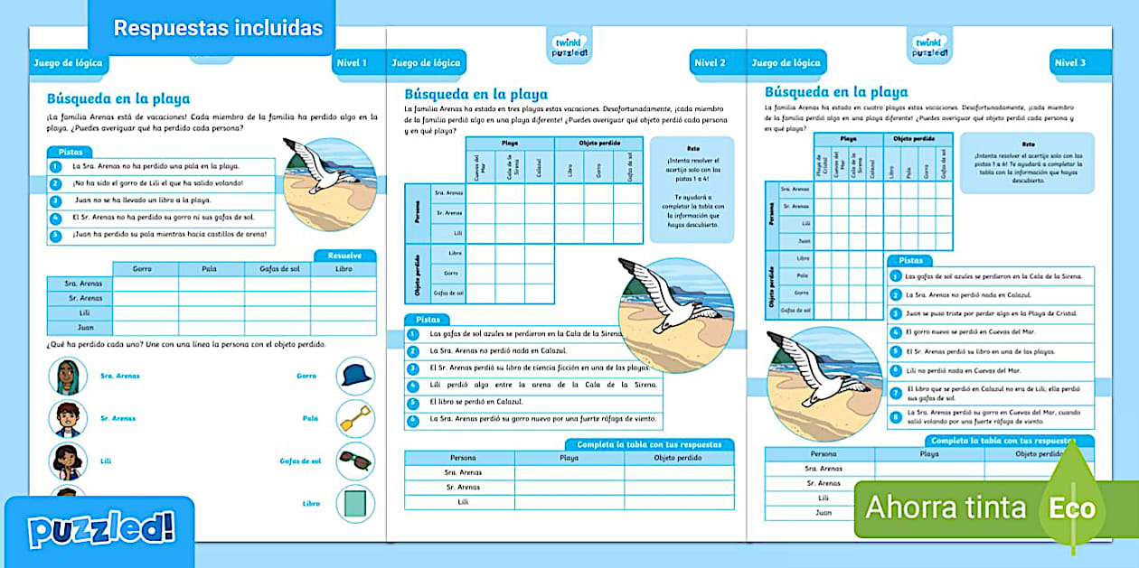 Juego de lógica: Búsqueda en la playa - Todos los niveles - Twinkl Puzzled
