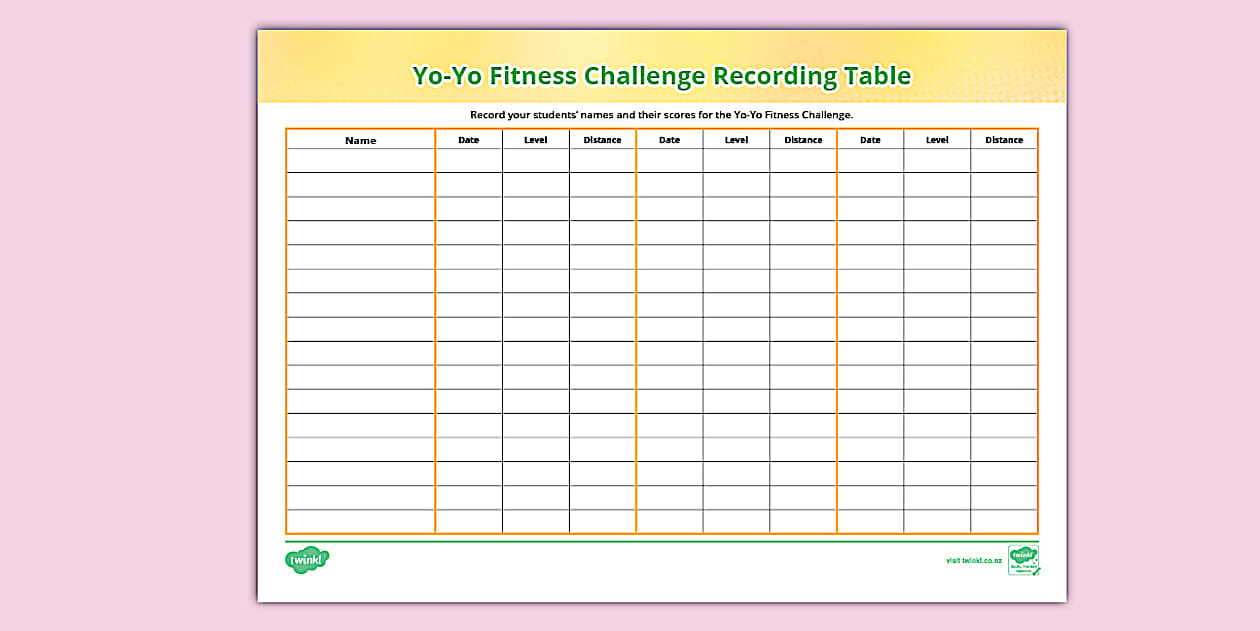 Yo-Yo Fitness Challenge Recording Table (teacher made)