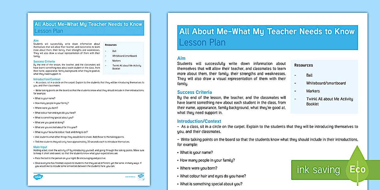 All About Me Activity Booklet Lesson Plan (teacher made)