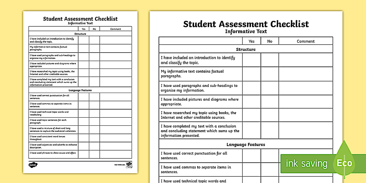 Editable Informative Text: Student Assessment Checklist