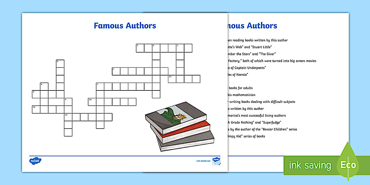 Famous Authors Crossword for 3rd 5th Grade (teacher made)