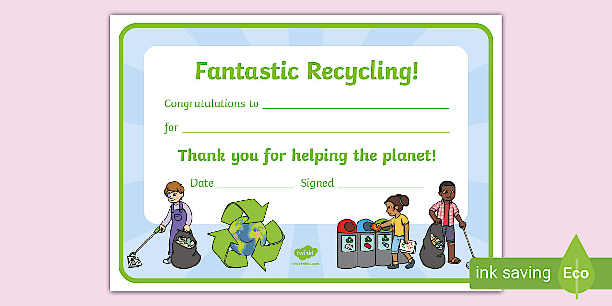 Recycling Certificate (teacher made) Twinkl