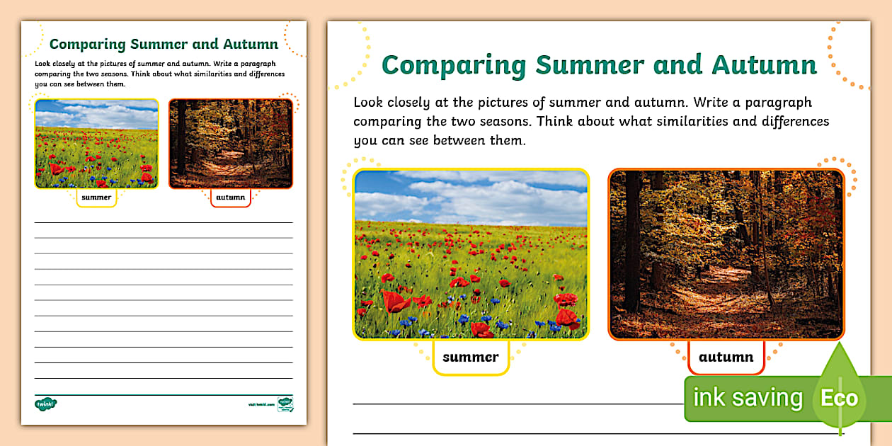 Summer Vs Fall Tree Compare Summer and Autumn Worksheet (teacher made) - Twinkl