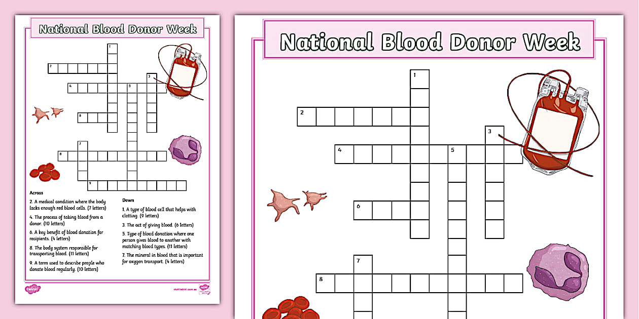 National Blood Donor Week Crossword (Teacher Made) Twinkl