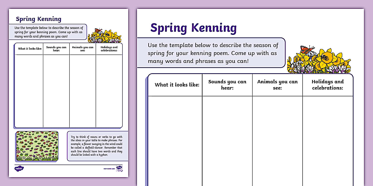 Spring Kenning Poem Activity Sheet (teacher made) - Twinkl