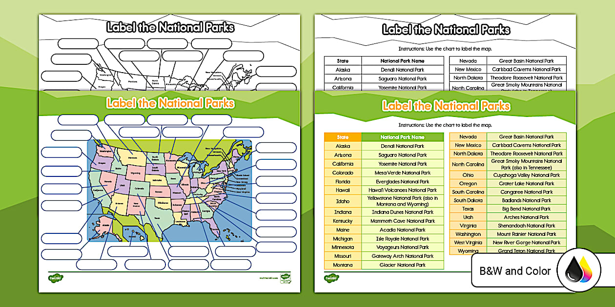 Labeling National Parks List and Map Worksheet | Twinkl