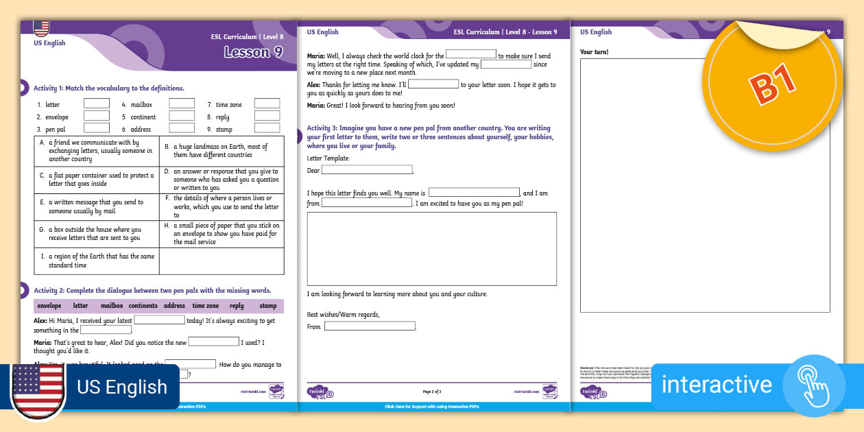 ESL Curriculum (US English Version) Level 8 Lesson 9 Interactive Activity
