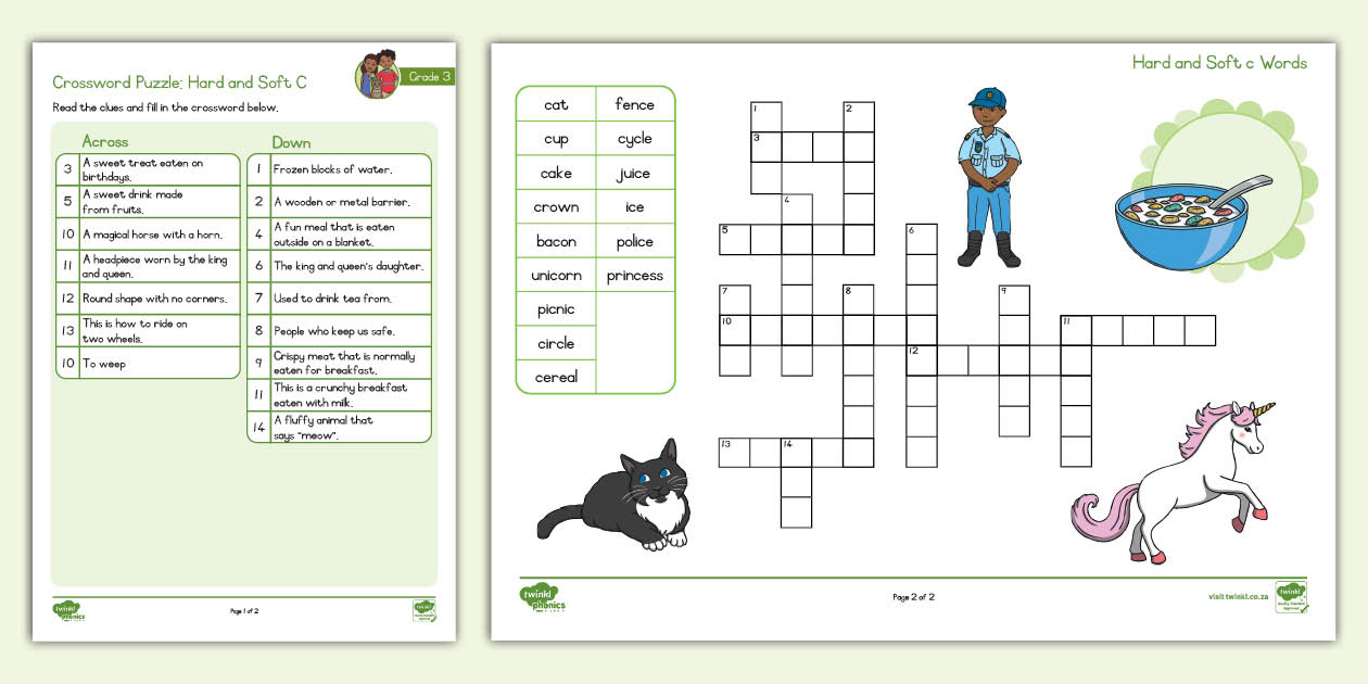 Grade 3 Phonics: Crossword Puzzle Hard and Soft c Twinkl