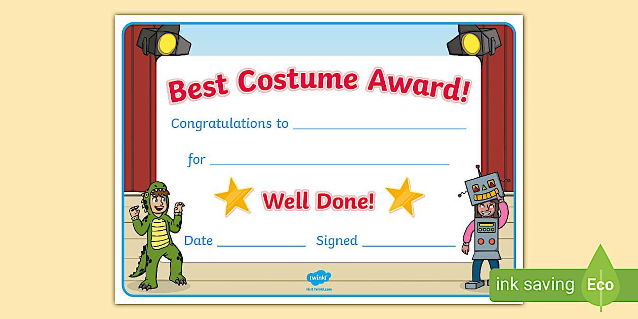 Best Costume Certificate