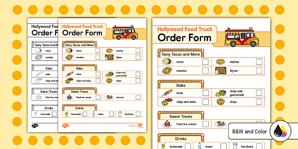 Hollywood Food Truck Dramatic Play Order Form