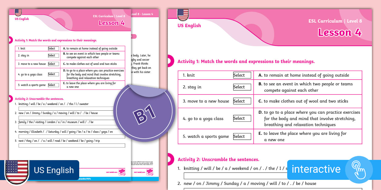 ESL Curriculum (US English Version) Level 8 Lesson 4 Interactive Activity