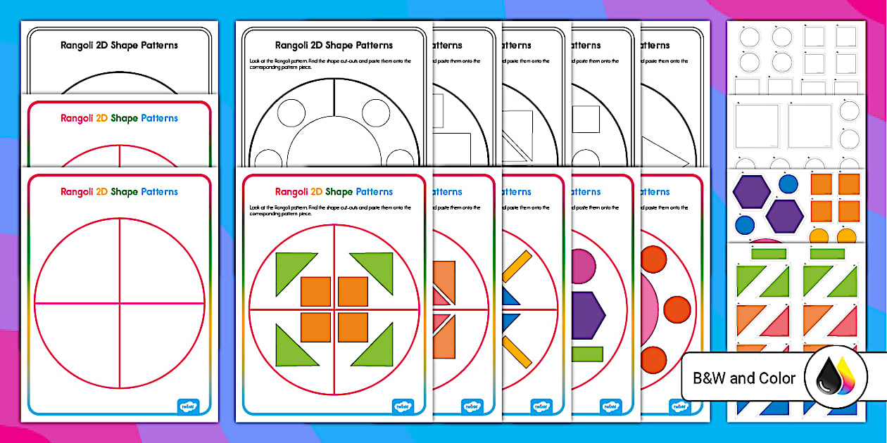 Rangoli 2D Shapes Patterns Cut and Paste Worksheet - Twinkl
