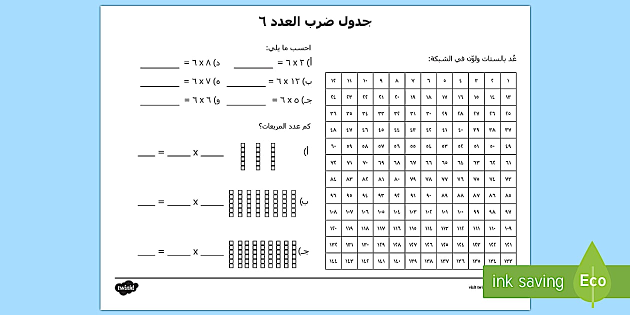 جدول ضرب 6 لتعليم المراحل التأسيسية الأولى جدول ضرب العدد 6.
