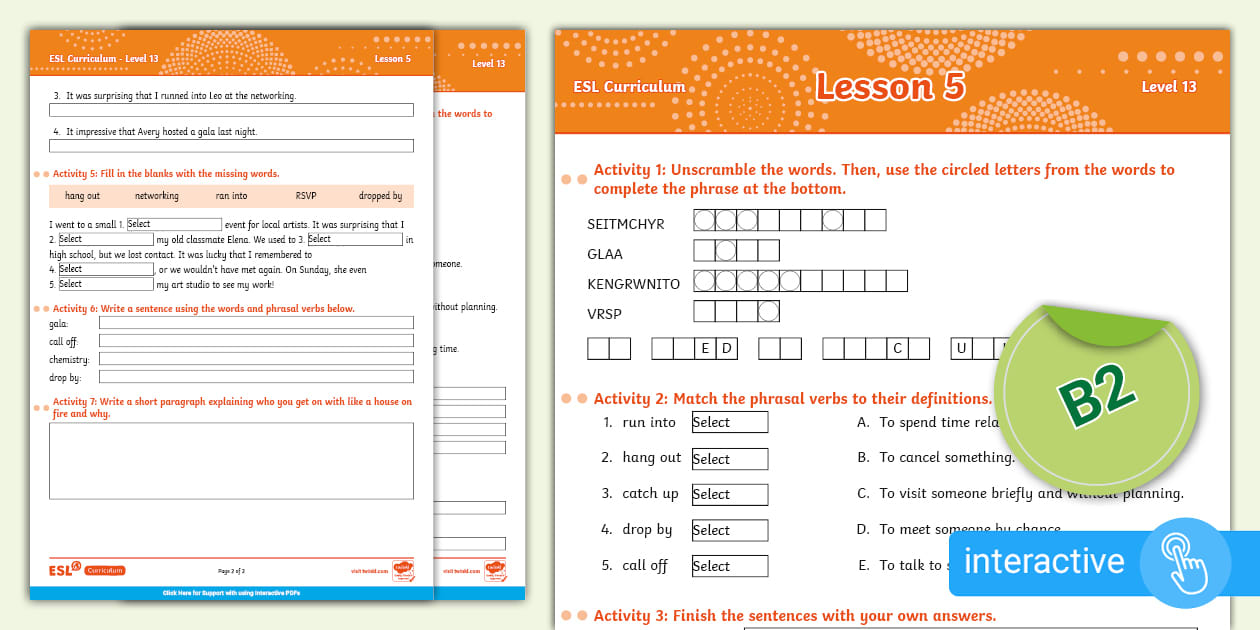 ESL Curriculum Level 13 Lesson 5 Interactive Activity Sheet