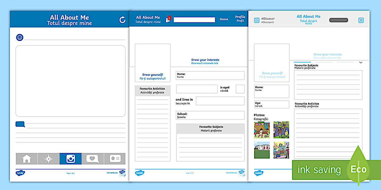 All About Me Social Media Profile Writing Template English/Romanian