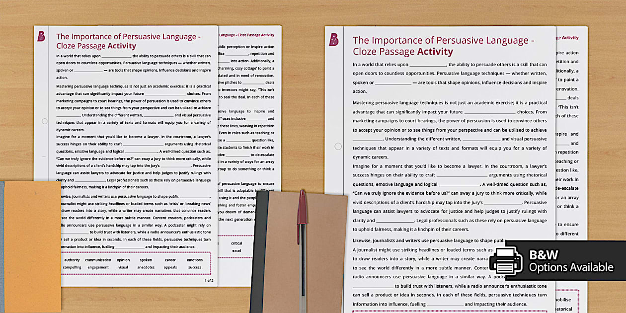 The Importance of Persuasive Language - Cloze Passage