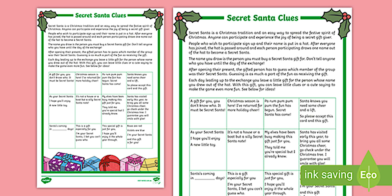Printable Secret Santa Clues - Parents - Christmas