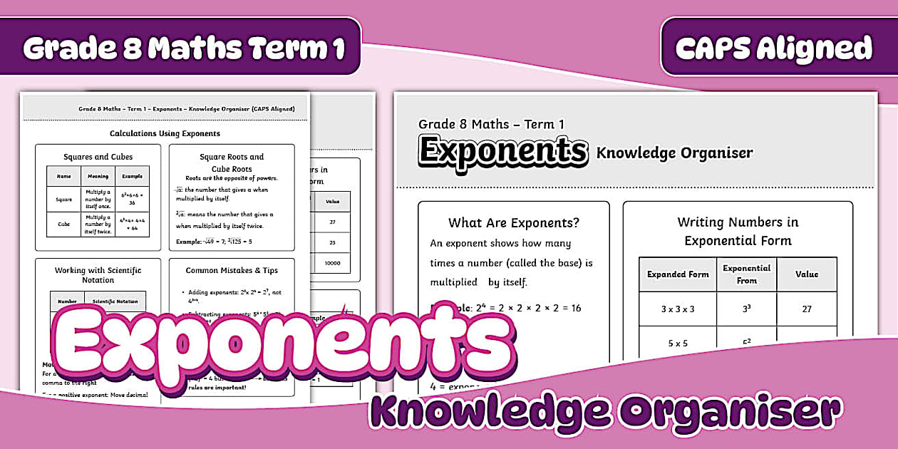Exponents Revision Organiser – Grade 8 Maths