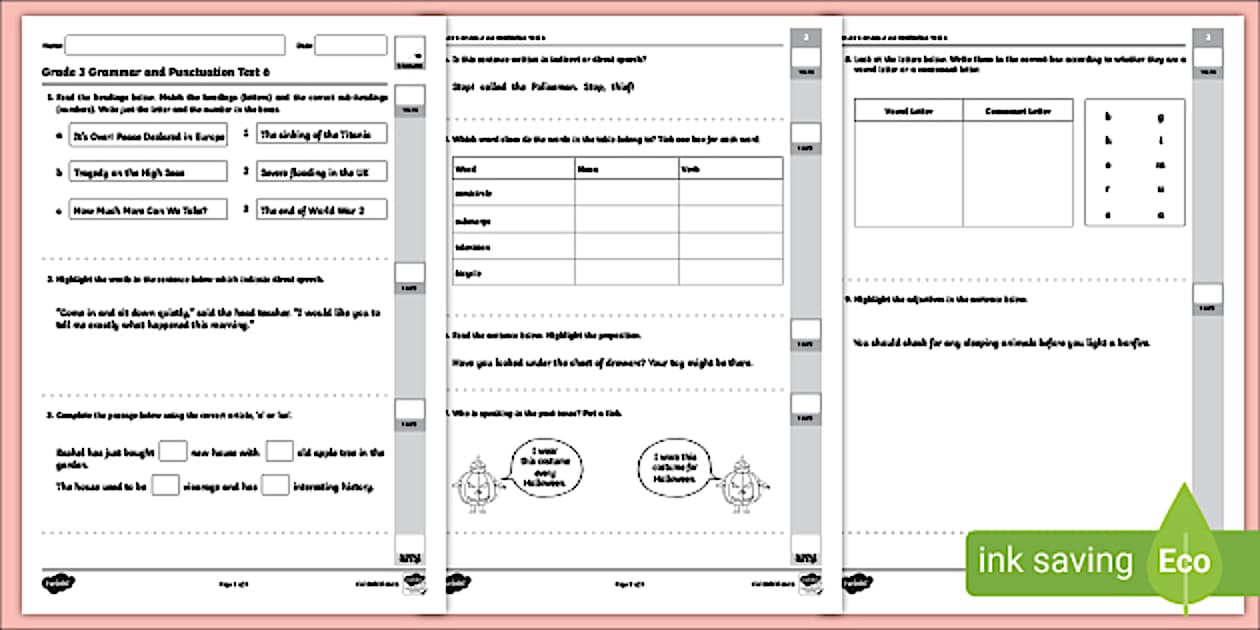 Grade 3 English Grammar and Punctuation Test 6 (CAPS Aligned)