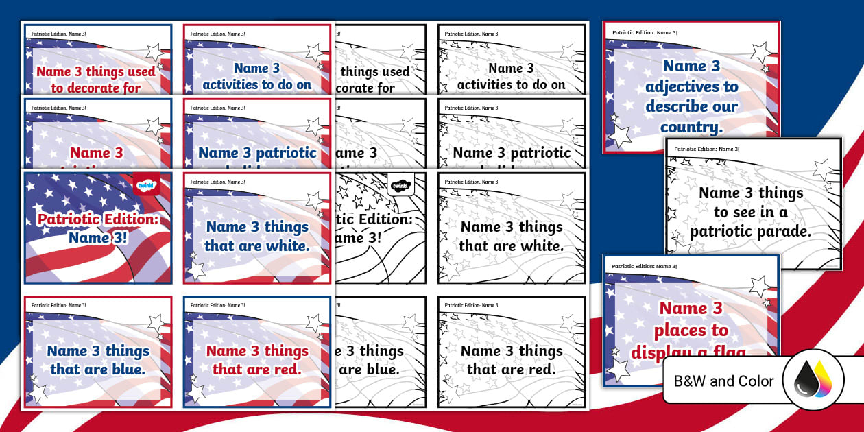 Patriotic Edition: Name 3 Game Cards for 3rd-5th Grade