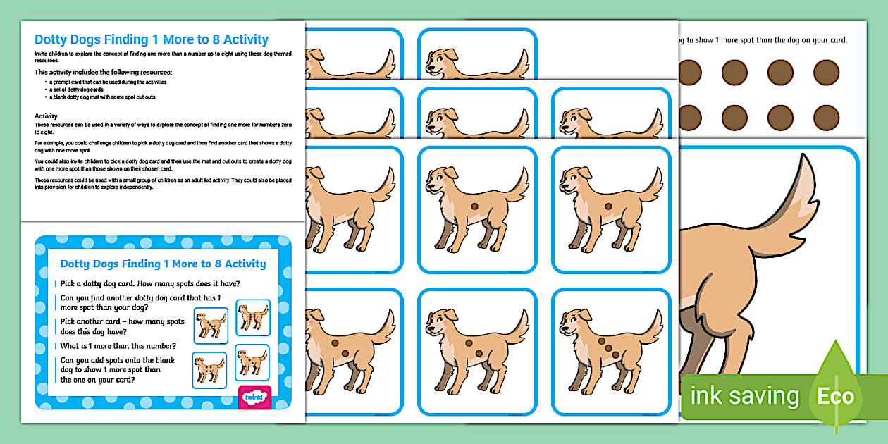 👉 Dotty Dogs Finding 1 More to 8 EYFS Maths Activity | Twinkl