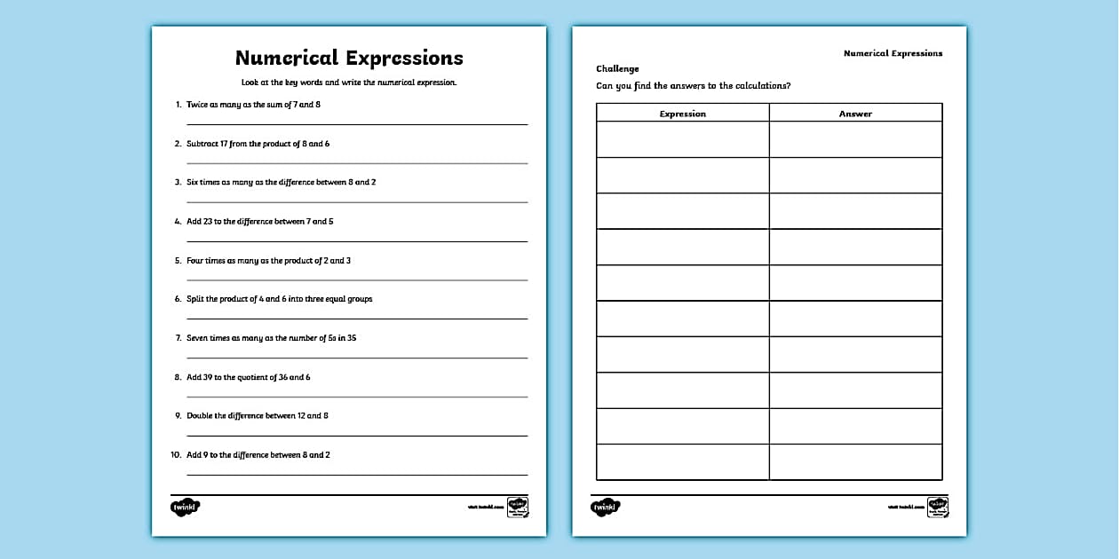 Fifth Grade Numerical Expressions Worksheet Twinkl