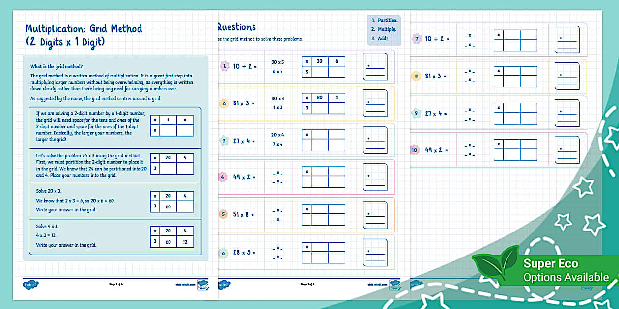 Multiplication: Grid Method (2 Digits x 1 Digit) - Twinkl