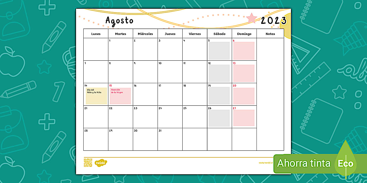 Calendario Agosto 2023 Teacher Made Twinkl