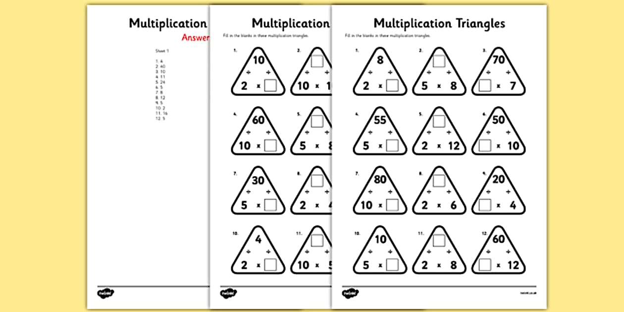 Dyslexic Multiplication Triangles Worksheet 2, 5 and 10 Times Tables