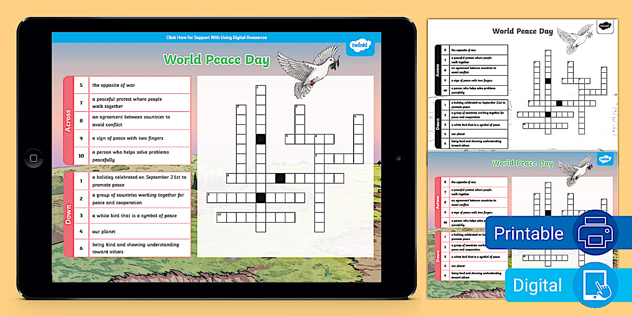 World Peace Day Crossword Puzzle for 3rd 5th Grade