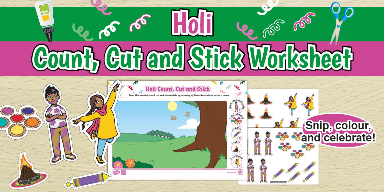 * NEW * Holi Count, Cut and Stick Worksheet - Twinkl