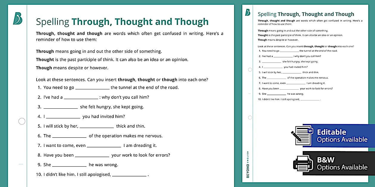 Through, Thought and Though Worksheet | KS3 SPaG | Beyond
