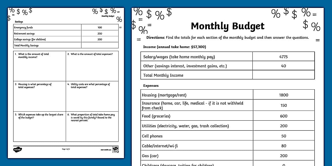 Monthly Budget Worksheet for 7th Grade | Twinkl USA - Twinkl