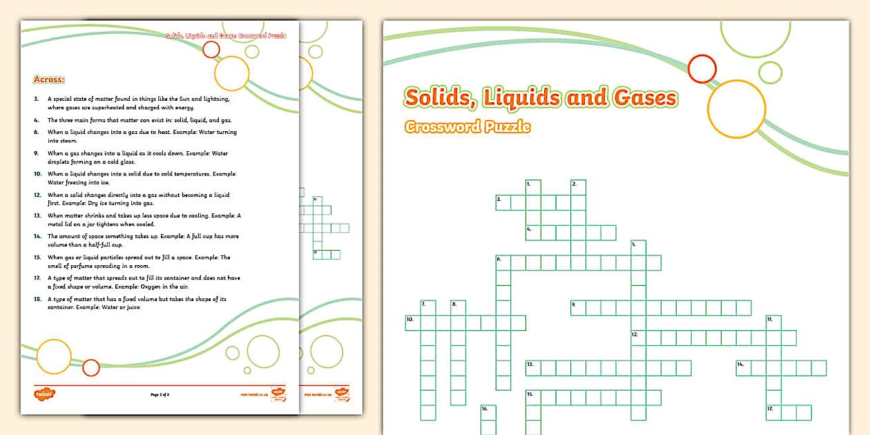 Solids, Liquids and Gases Crossword Puzzle (teacher made)
