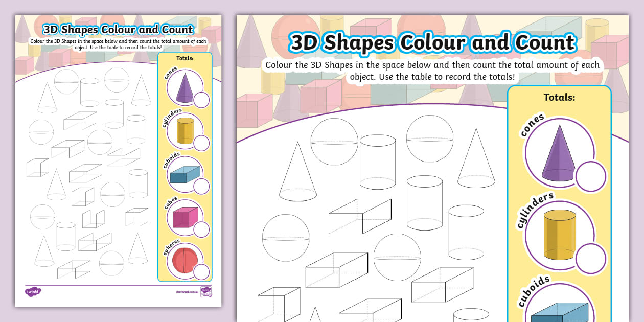 3D Shapes Colour and Count Worksheet - Twinkl