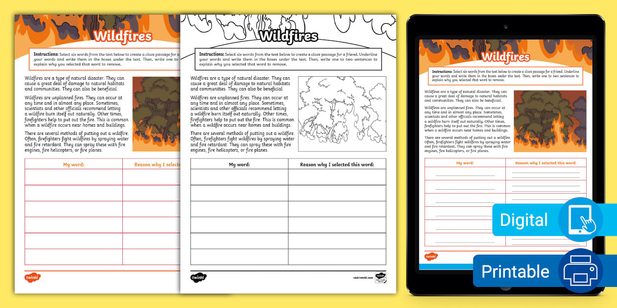 Third Grade Wildfires Reverse Cloze Worksheet (teacher made)