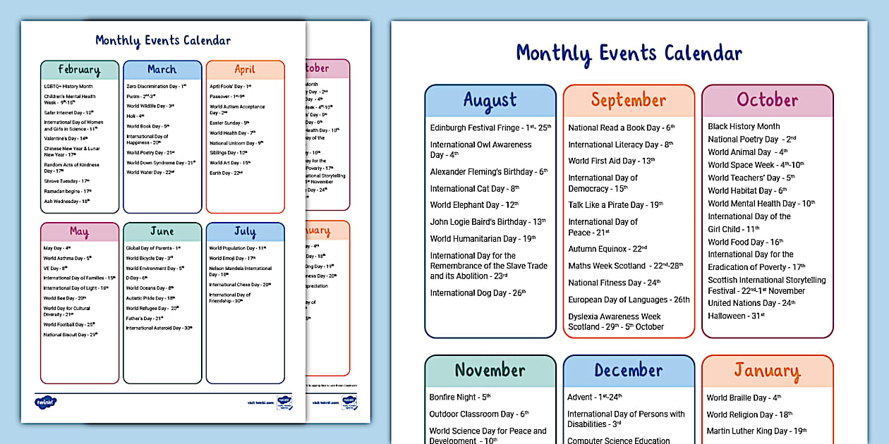 ASN Monthly Events Calendar Page (teacher made) Twinkl