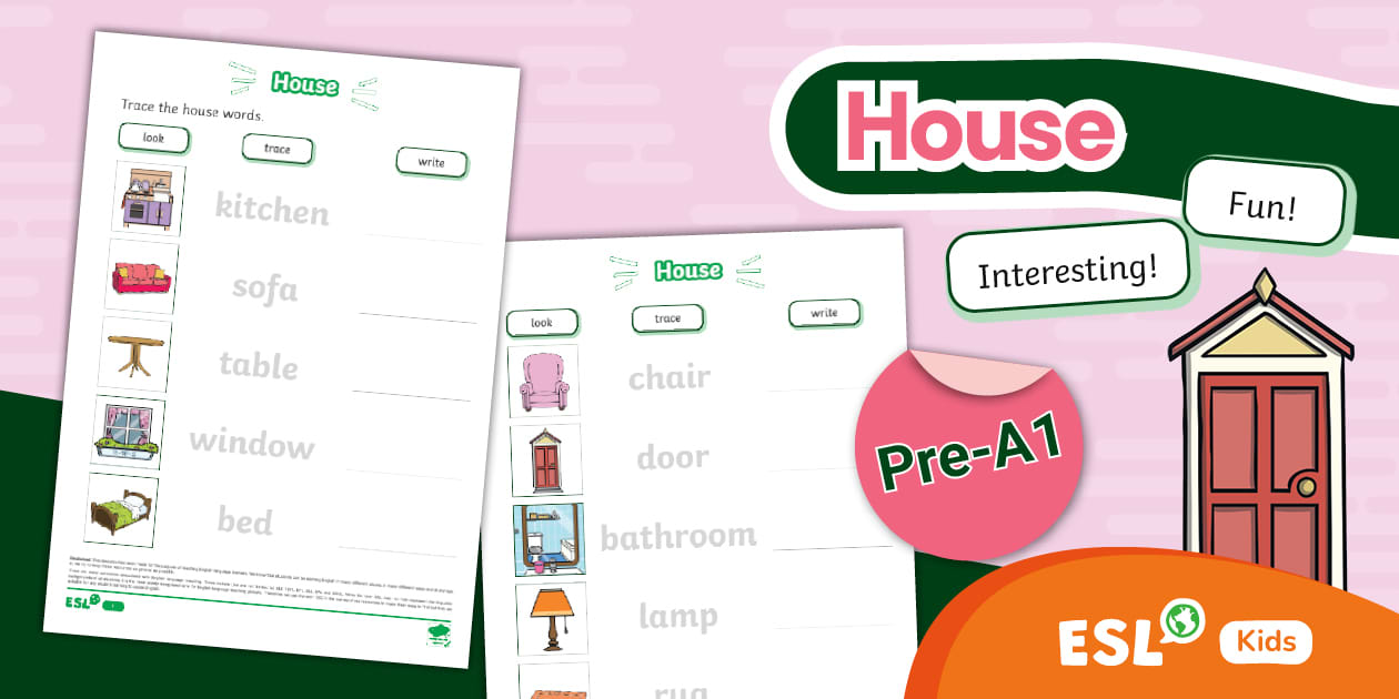 ESL House Words Tracing Activity Sheet {Kindergarten}