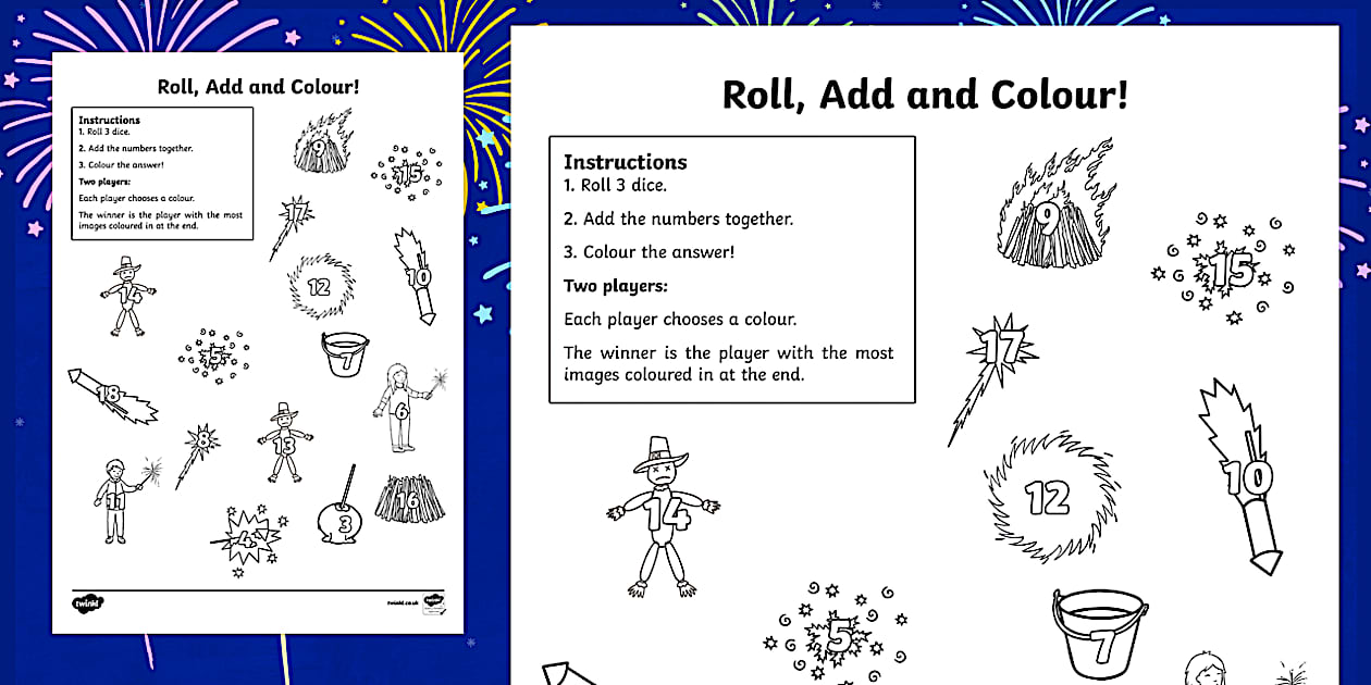 Bonfire Night Themed 3 Dice Roll and Colour Worksheet / Worksheet