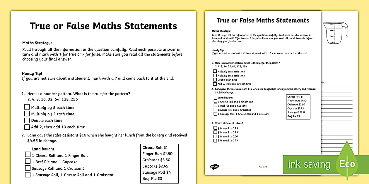 Is It True Math Year 4 True or False Maths Statements Fact Sheet - Twinkl