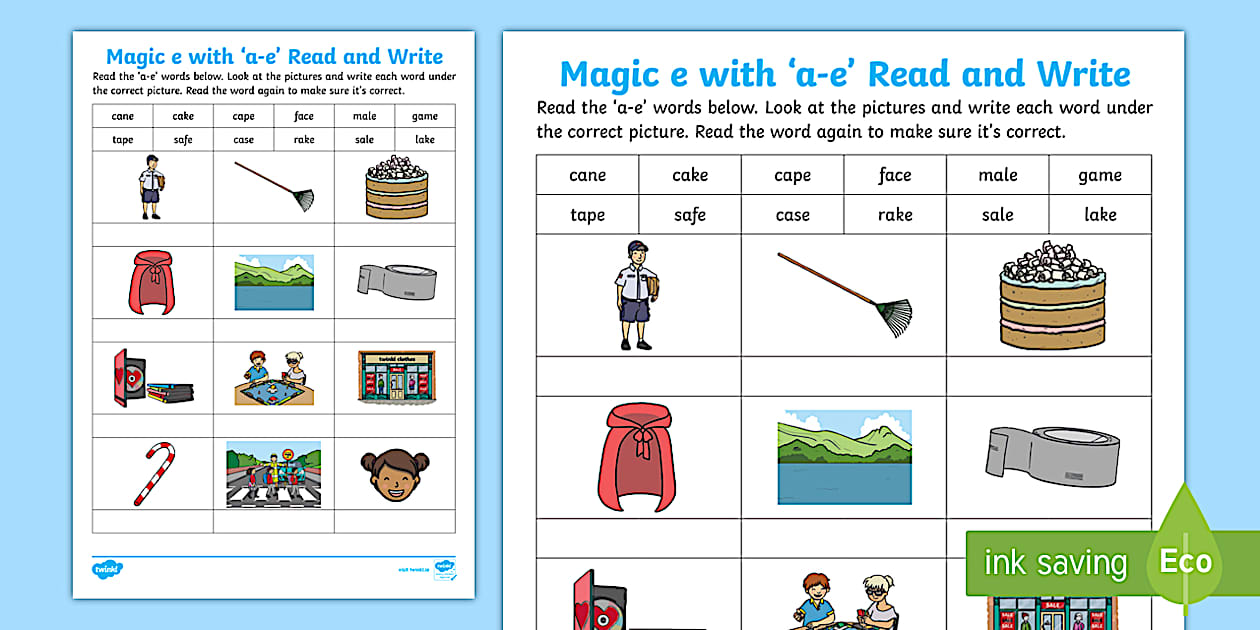 Magic e with 'a-e' Read and Write Worksheet (teacher made)