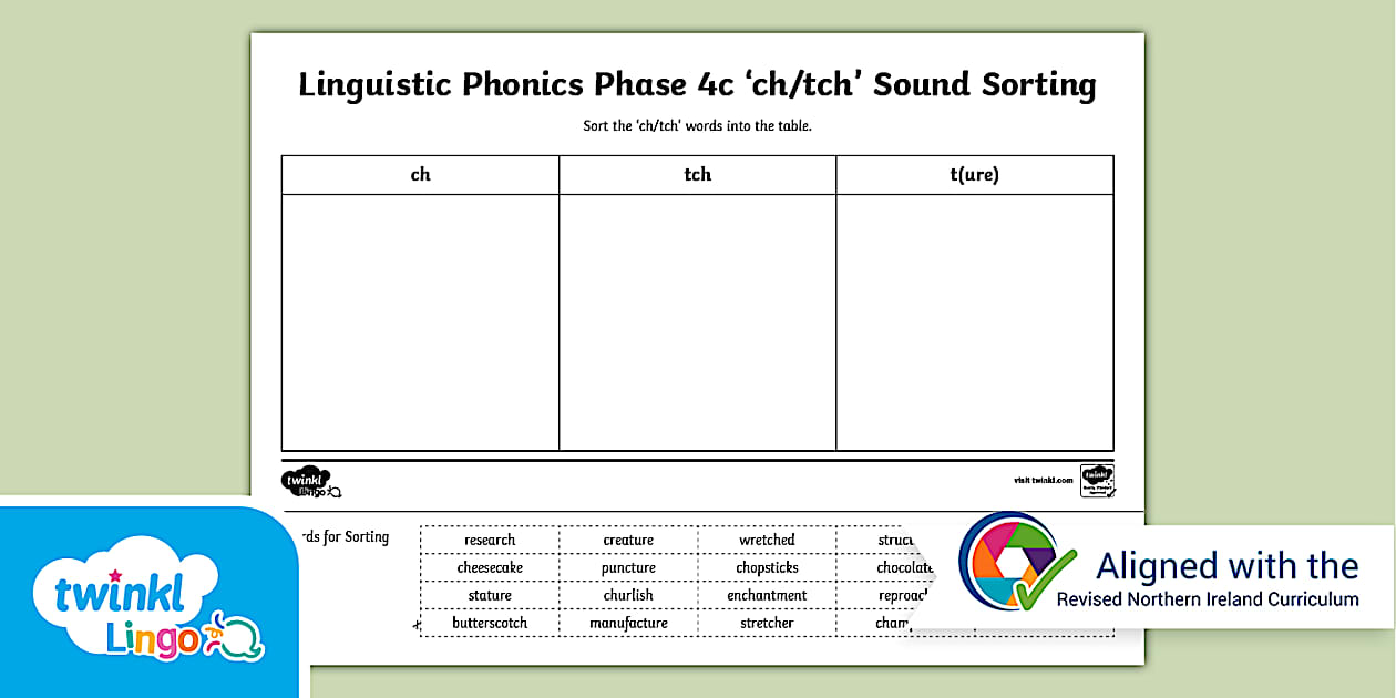 Linguistic Phonics Phase 4c 'ch, tch' Sound Sorting Worksheet