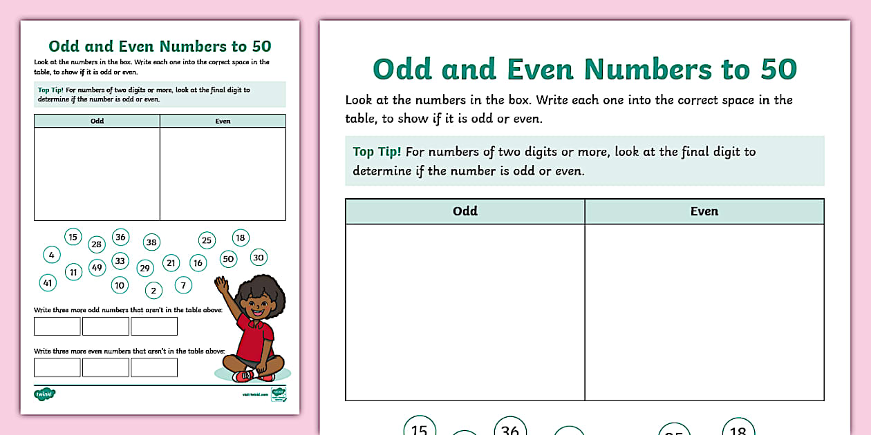 Odd and Even Numbers to 50 Activity Sheet (teacher made)