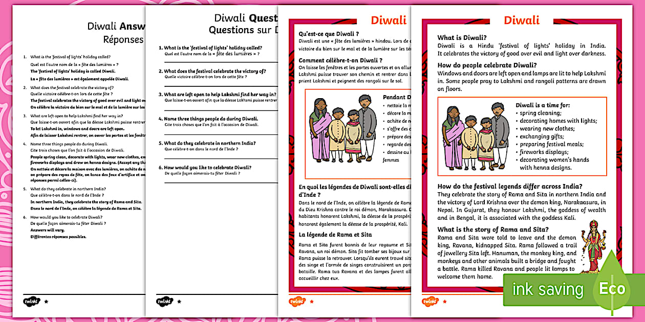 Diwali Differentiated Reading Comprehension Activity English/French