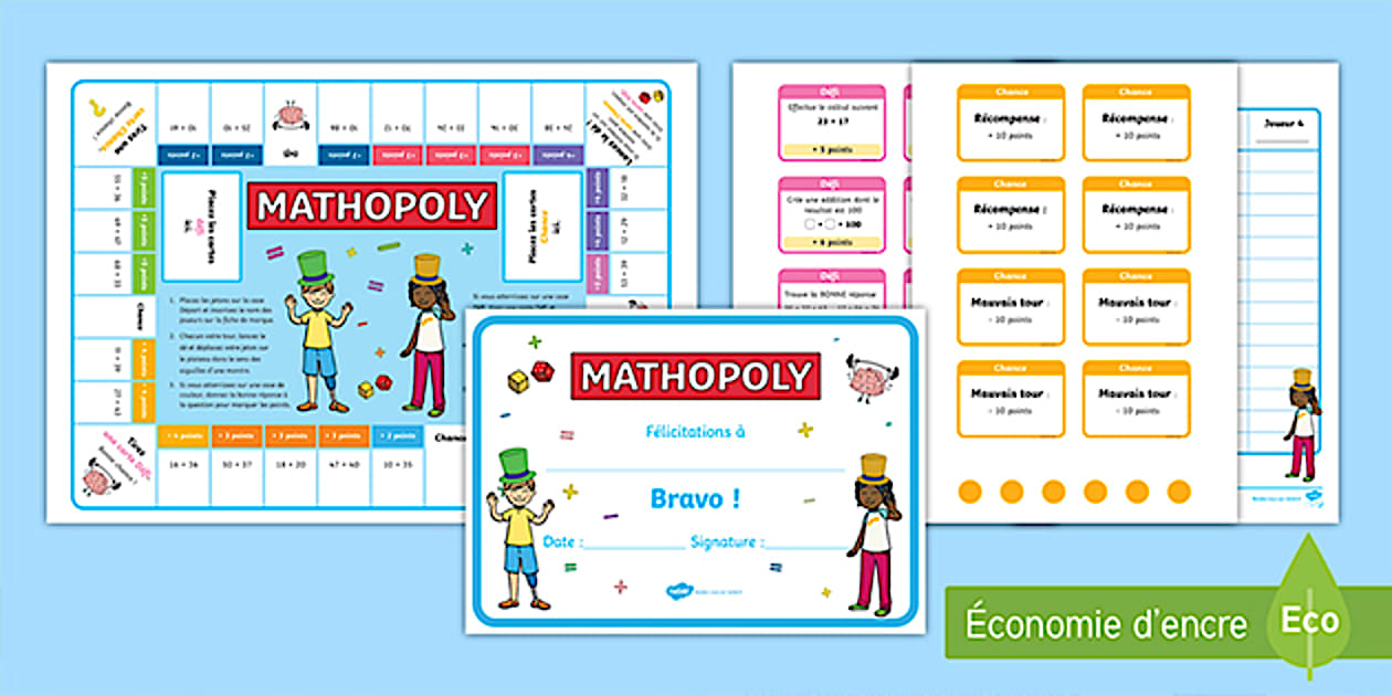 Jeu de plateau : Mathopoly d'additions jusqu'à 100