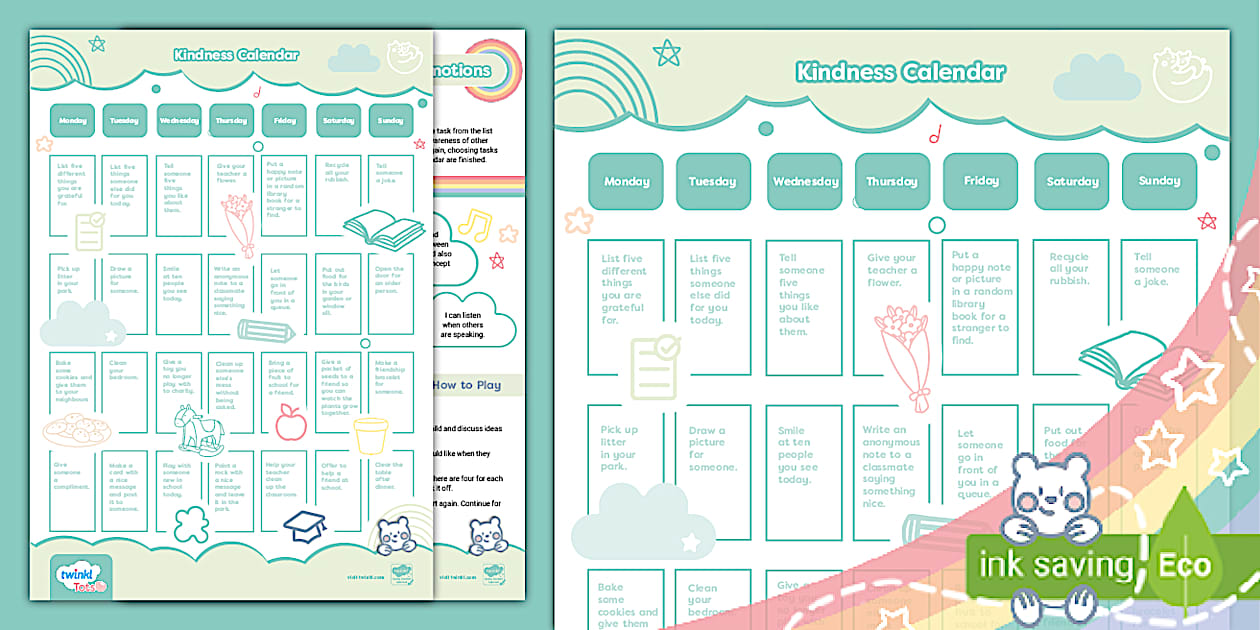 4 5 years Myself Relationships Emotions Kindness Calendar