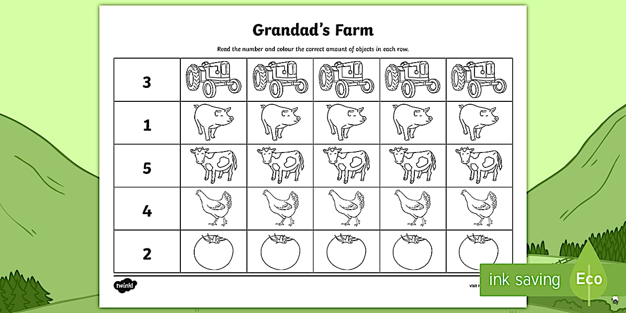 Grandad's Farm Count and Colour Worksheet / Worksheet