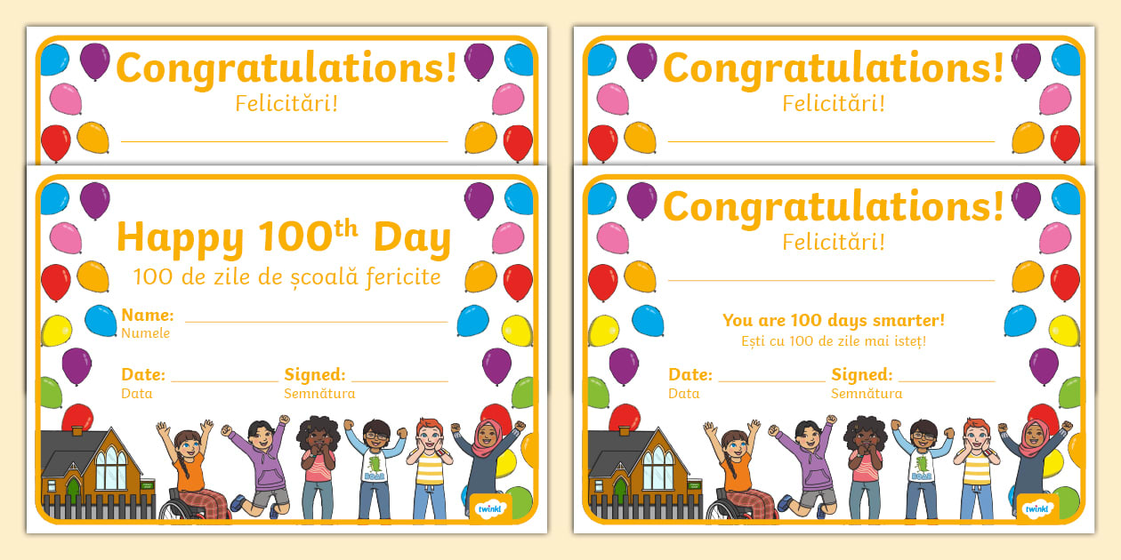 100 Days of School Certificates English/Romanian Twinkl