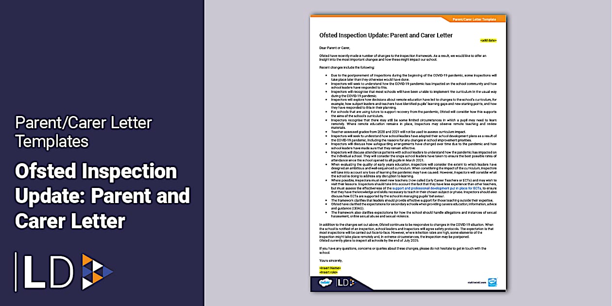 Fault Inspection Letter Ofsted Inspection Update: Parent and Carer Letter - Twinkl