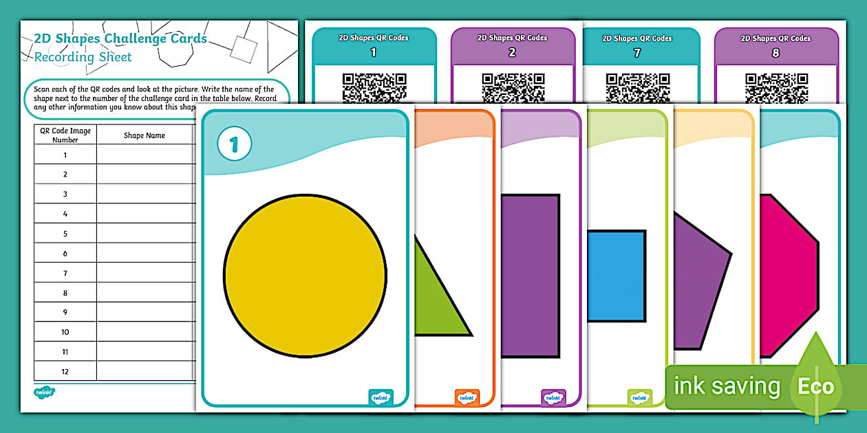 2D Shapes Challenge Cards with QR Codes (teacher made)